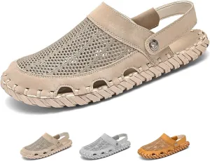 Zeberfi Men's Hollow Leather Mesh Closed Toe Flat Sandals Casual Outdoor Athletic Handmade Adjustable Slip On Beach Shoes Summer Breathable Comfort Walking Sports Hiking Sandals