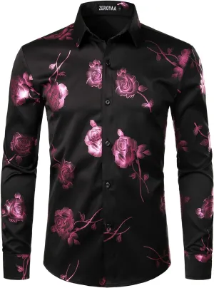 ZEROYAA Mens Hipster 3D Golden Rose Floral Printed Slim Fit Long Sleeve Button Down Dress Shirts