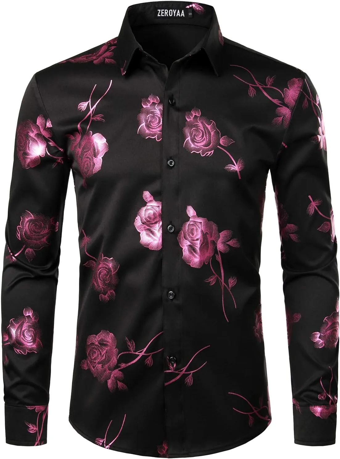 ZEROYAA Mens Hipster 3D Golden Rose Floral Printed Slim Fit Long Sleeve Button Down Dress Shirts