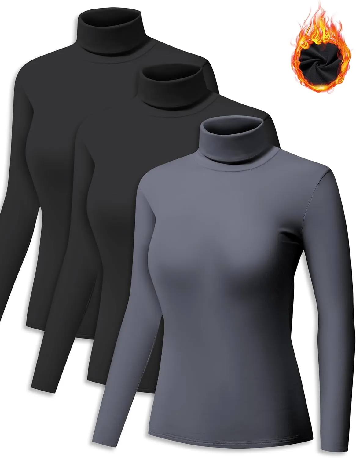 ZUTY 3 Pack Turtleneck Long Sleeve Shirts Thermal Underwear for Women Long Johns Winter Clothes Warm Base Layer Tops