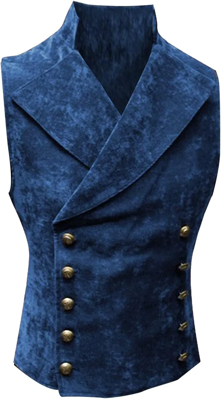 ZYXTIM Classic Retro Suede Leather Vest for Men, Slim Double Breasted Gothic Steampunk Waistcoat Stand Collar Biker Jacket